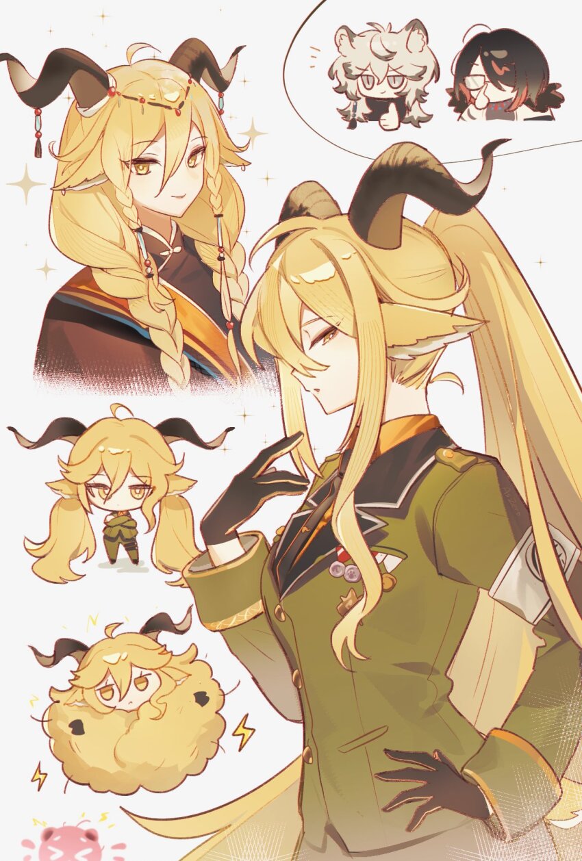 1girl, 2boys, animal_ears, arknights, armband, as-zero, black_gloves, black_hair