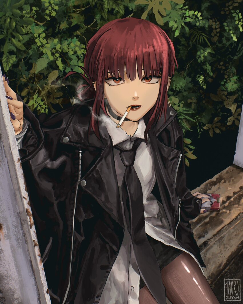 1girl, artist_name, black_choker, black_jacket, black_necktie, black_pantyhose, black_skirt, bush