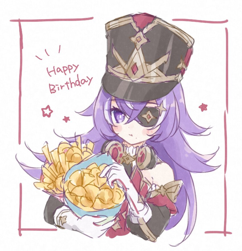 1girl, bare_shoulders, black_hat, chevreuse_(genshin_impact), commentary_request, detached_sleeves, earmuffs, earmuffs_around_neck, eyepatch, food, french_fries, genshin_impact, gloves, hair_between_eyes, happy_birthday, hat, highres, holding, holding_food, multicolored_hair, pigumon, purple_eyes, purple_hair, shako_cap, solo, streaked_hair, upper_body, white_gloves, white_hair
