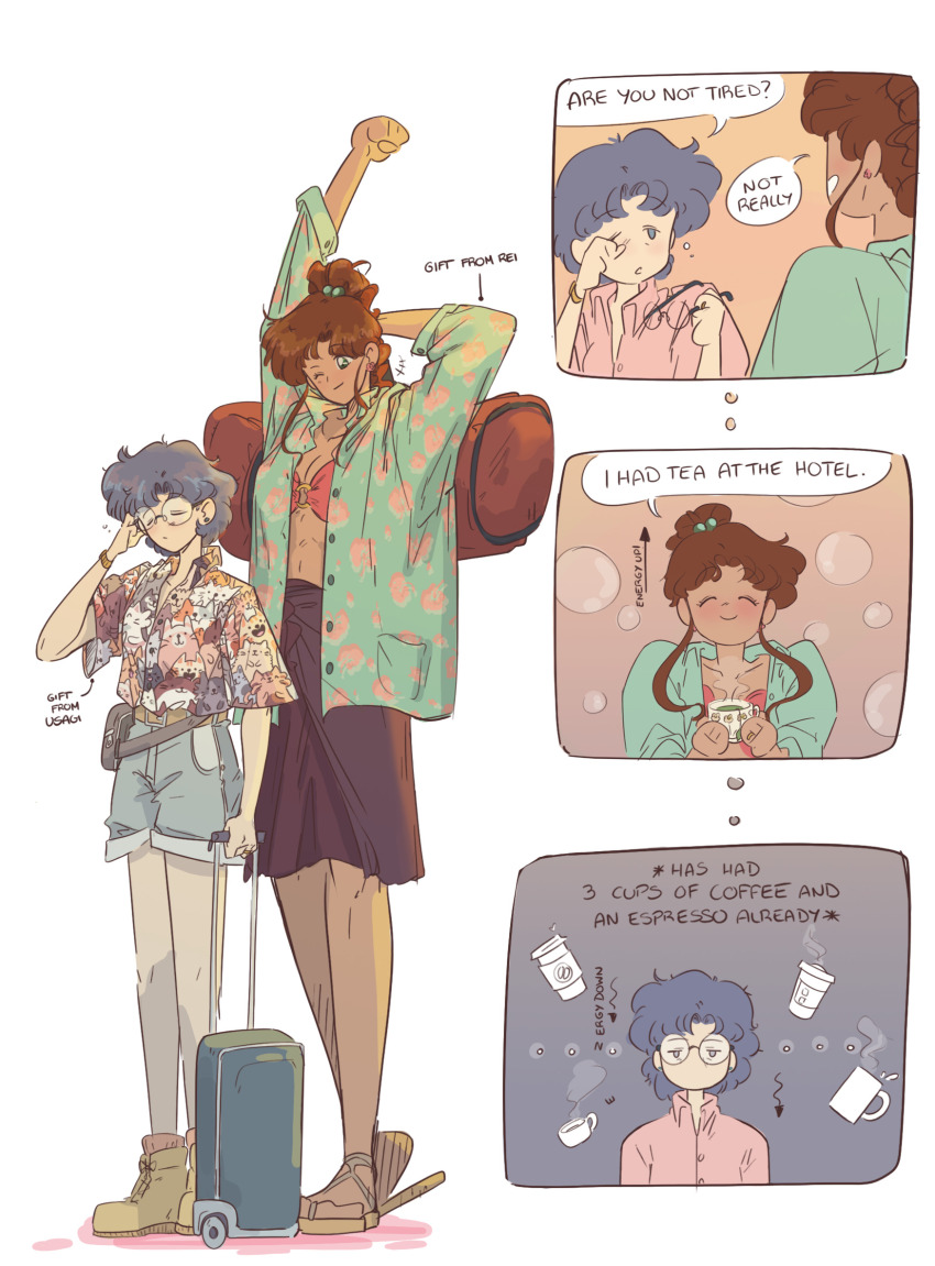 2girls, bishoujo_senshi_sailor_moon, blue_hair, brown_hair, closed_eyes, coffee, earrings, glasses, happy, highres, jewelry, kino_makoto, mercuri0ff, mizuno_ami, multiple_girls, one_eye_closed, short_hair, simple_background, size_difference, sleepy, smile, tall_female, tea, white_background