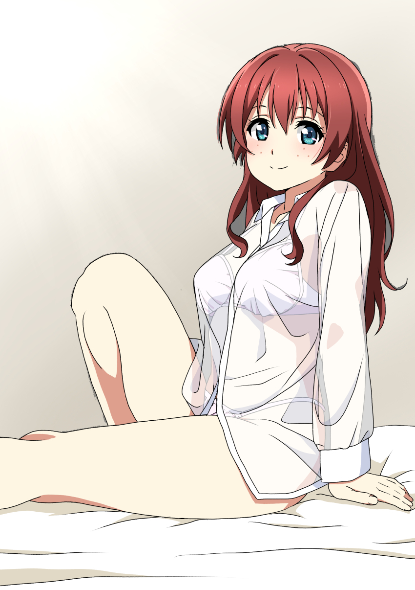 1girl, absurdres, aqua_eyes, emma_verde, highres, long_hair, looking_at_viewer, love_live!, love_live!_nijigasaki_high_school_idol_club, rainen_no_natsu_mo, red_hair, shirt, sitting, smile, solo, thighs, white_shirt