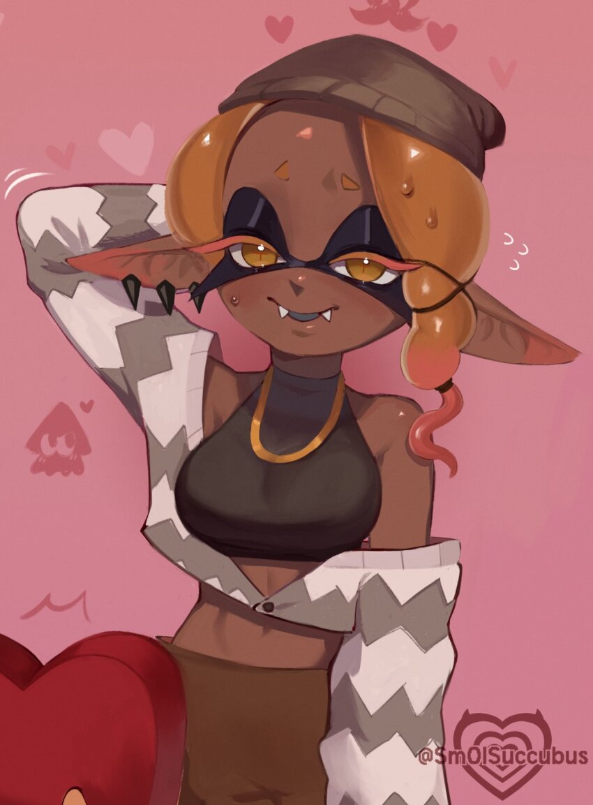 1girl, 1other, alternate_costume, beanie, breasts, commentary, crop_top, dark-skinned_female