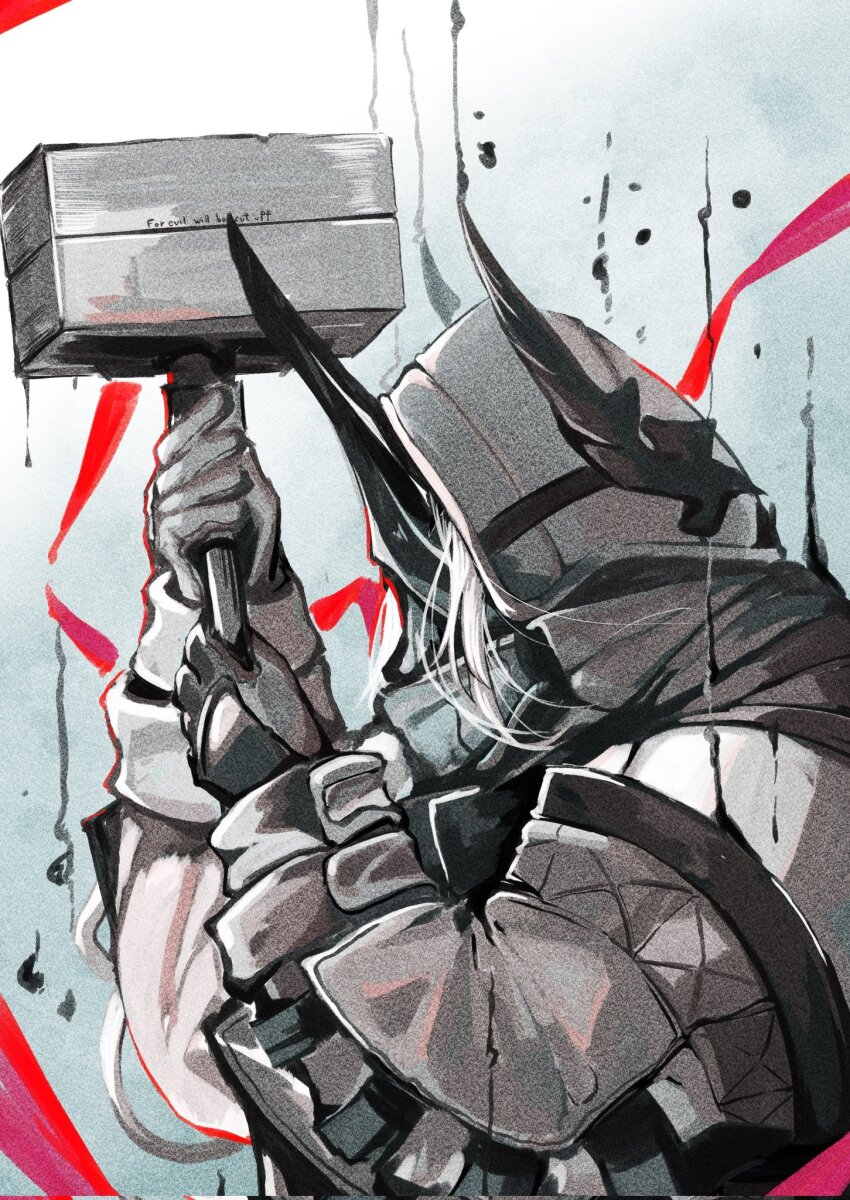 1girl, arknights, arm_up, commentary_request, gloves, grey_background, grey_gloves, grey_jumpsuit