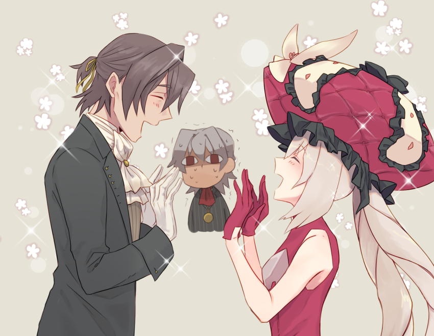 1girl, 2boys, :d, antonio_salieri_(fate), antonio_salieri_(human)_(fate), antonio_salieri_(second_ascension)_(fate), ascot, black_jacket, blush, brown_hair, brown_vest, closed_eyes, dress, dual_persona, facing_another, fate/grand_order, fate_(series), flower, frilled_hat, frills, from_side, gloves, grey_background, grey_hair, hair_intakes, hair_ribbon, half_updo, hands_up, hat, highres, jacket, large_hat, long_hair, marie_antoinette_(fate), multiple_boys, nervous_sweating, open_mouth, pinstripe_jacket, pinstripe_pattern, red_ascot, red_dress, red_gloves, red_headwear, ribbon, sabamiso_shoya, short_hair, simple_background, sleeveless, sleeveless_dress, smile, sparkle, striped, sweat, trembling, twintails, vest, white_ascot, white_gloves, white_hair, yellow_ribbon
