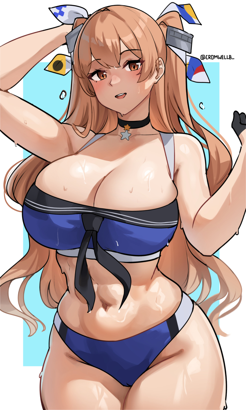 1girl, abs, alternate_breast_size_(larger), bikini, blue_bikini, blush, breasts, brown_eyes