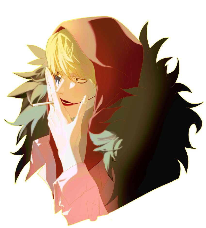 1boy, bishounen, blonde_hair, cape, cigarette, coat, coat_on_shoulders, donquixote_rocinante, feather_coat, fur_cape, fur_coat, gi_um, hat, heart, heart_print, highres, holding, hood, makeup, male_focus, one_piece, pink_coat, red_hood, shirt, smoking, solo