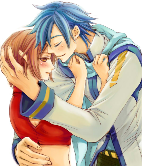 1boy, 1girl, blush, couple, hetero, hug, kaito_(vocaloid), meiko_(vocaloid)