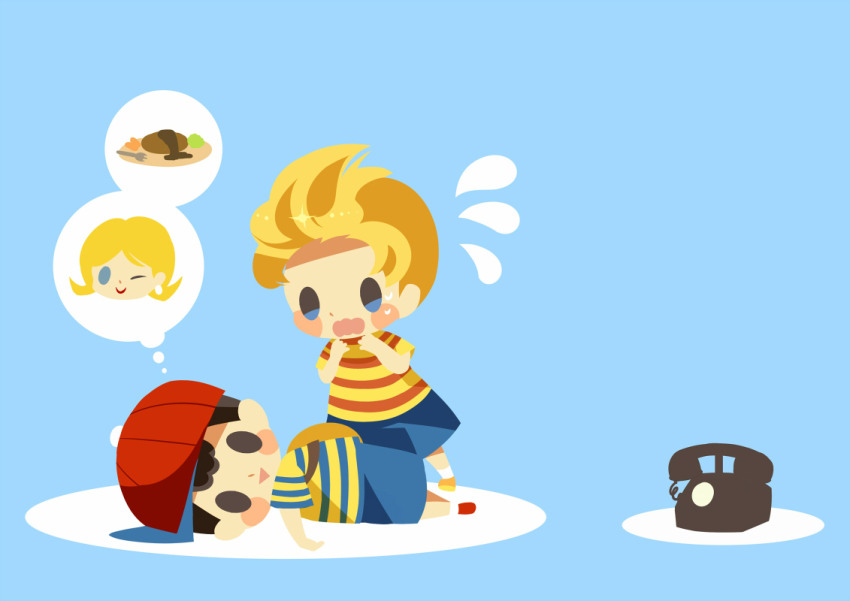 2boys, antique_phone, black_hair, blonde_hair, blue_background, blue_shorts, blush_stickers, food, hitofutarai, lucas_(mother_3), lying, male_focus, mother_(series), mother_2, mother_3, multiple_boys, ness's_father, ness's_mother, ness_(mother_2), nintendo, on_side, phone, red_footwear, red_headwear, rotary_phone, shoes, short_hair, shorts, socks, solid_oval_eyes, speech_bubble, standing, steak, thought_bubble, triangle_mouth, wavy_mouth, white_socks, yellow_shoes