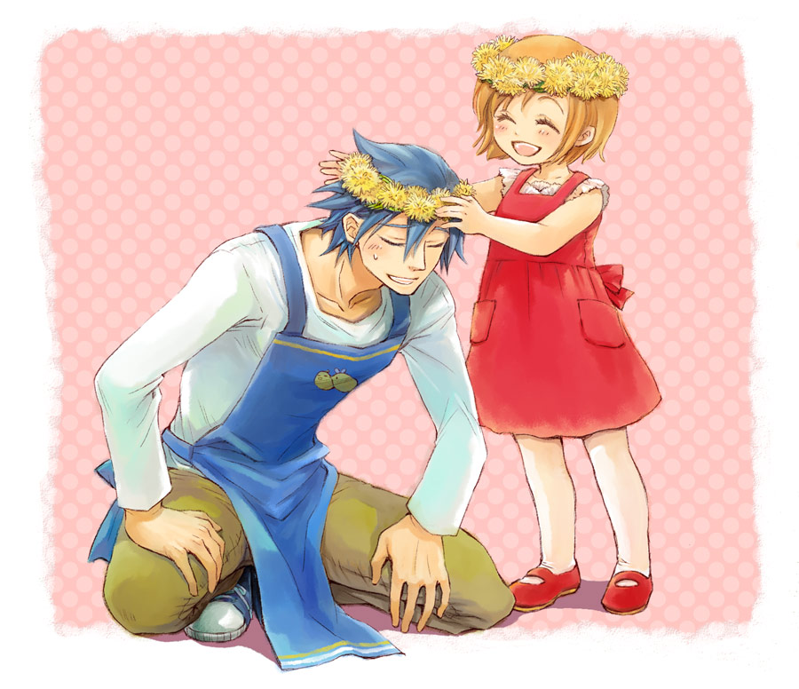 1boy, 1girl, :d, ^_^, age_difference, aged_down, apron, blue_apron