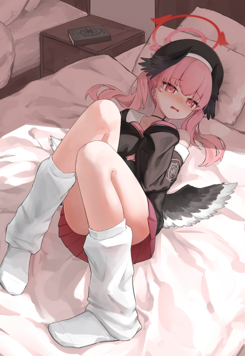 1girl, absurdres, bed, bed_sheet, beret, black_hat, black_shirt, black_wings, blue_archive, blush, commentary, female_focus, full_body, hat, head_wings, highres, koharu_(blue_archive), loli, long_hair, long_sleeves, looking_at_viewer, loose_socks, lying, on_back, open_mouth, pillow, pink_eyes, pink_hair, pleated_skirt, red_skirt, sailor_collar, sailor_shirt, shhhh7, shirt, skirt, socks, solo, untranslatable_commentary, twintails, white_sailor_collar, wings