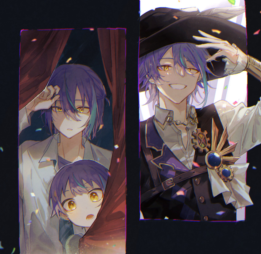 3boys, aged_down, aqua_hair, argyle_clothes, argyle_vest, arm_up, behind_curtains, black_border