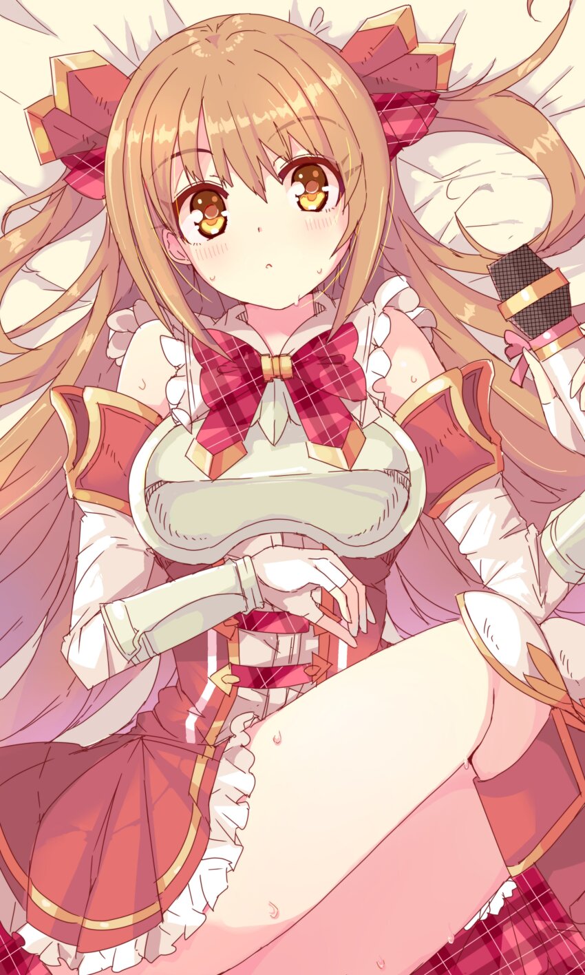 1girl, absurdres, armor, bed, blush, breasts, brown_eyes, brown_hair