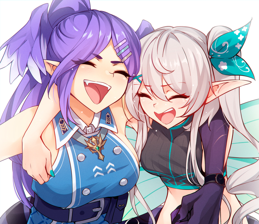arm_around_shoulder, breasts, closed_eyes, crop_top, dragon_girl, dress, green_nails, grey_hair
