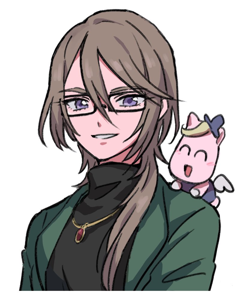 1girl, :d, black-framed_eyewear, brown_hair, cropped_torso, glasses, green_jacket, hair_between_eyes