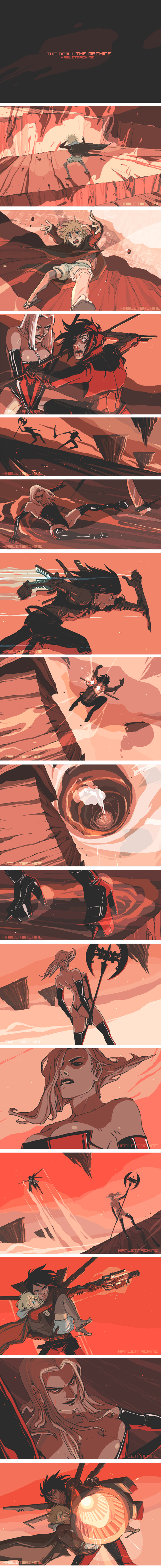 1boy, 2girls, absurdres, action, battle, breasts, comic, gun, hamletmachine, highres, large_breasts, long_image, multiple_girls, original, red_theme, silent_comic, sword, tall_image, the_dom, the_girl_(superbrothers), the_machine, weapon