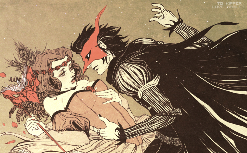 1boy, 1girl, breasts, cleavage, couple, dress, feather_hair_ornament, feathers, flower, hamletmachine, hetero, lips, mask, petals, red_flower, red_rose, red_theme, rose, rose_petals, small_breasts