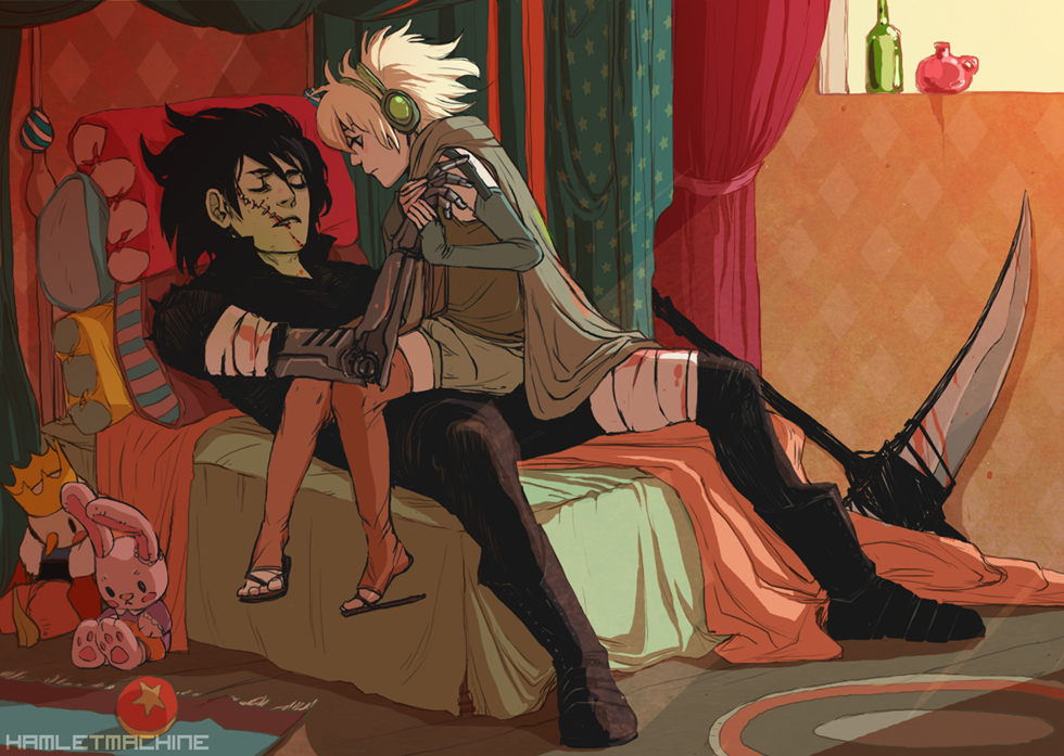 1boy, 1girl, age_difference, androgynous, chair, couple, hamletmachine, headphones, hetero, original, reverse_trap, scythe, short_hair, sleeping, the_girl_(superbrothers), the_machine, thighhighs, toy