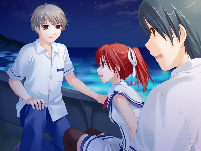 1girl, 2boys, amanatsu, aqua_eyes, ayase_mao, beach, cousins, game_cg, ginta, multiple_boys, ninomiya_sora, outdoors, red_hair, school_uniform, sitting, skirt, sleeveless, thighhighs, tokiwa_kanata
