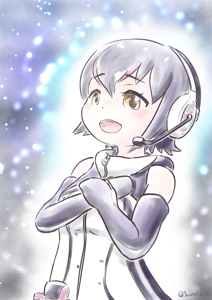 1girl, absurdres, bare_shoulders, black_hair, elbow_gloves, gloves, headphones, highres