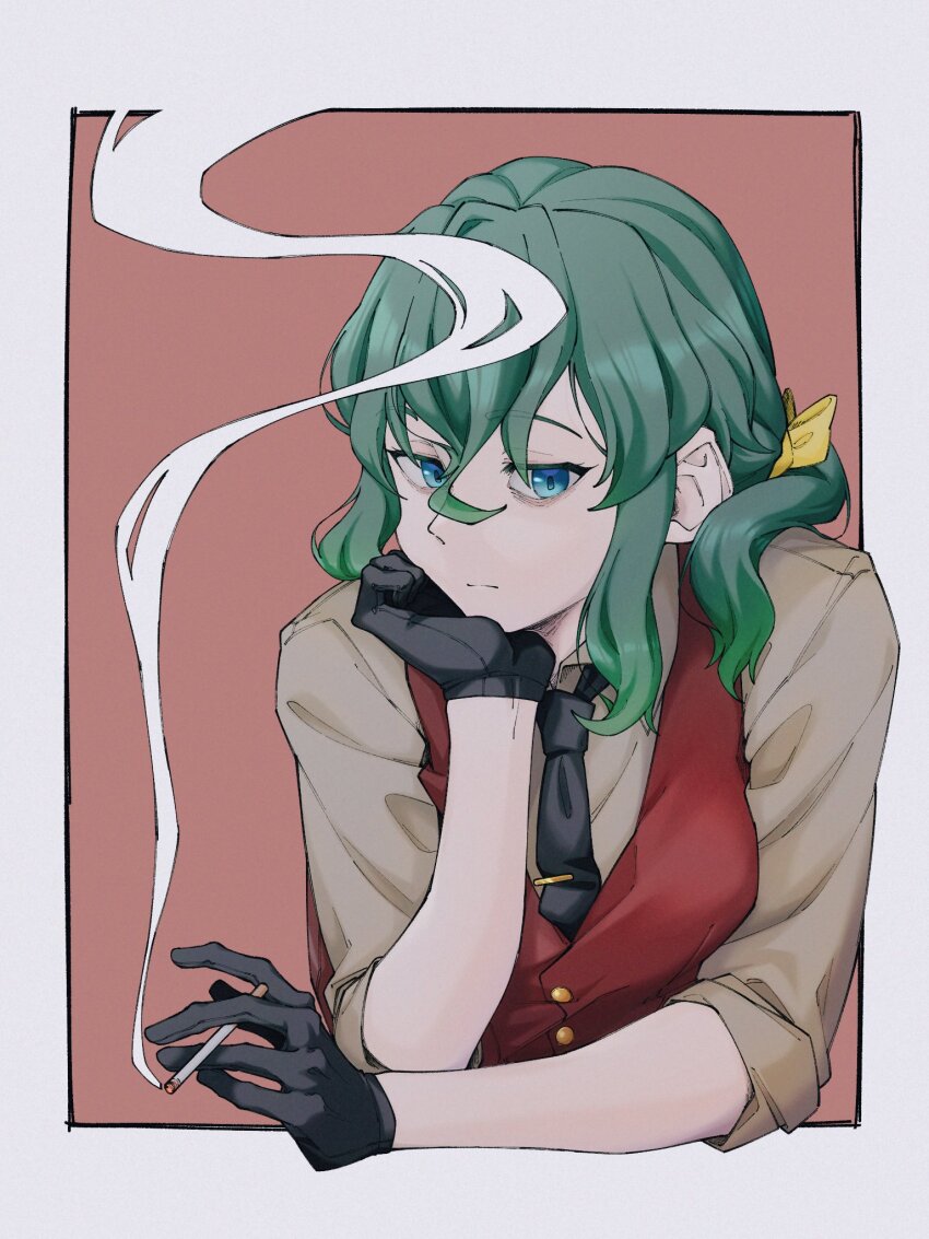 1girl, black_gloves, black_necktie, blue_eyes, cigarette, gloves, green_hair, grey_shirt, hauru_252, highres, kaban_(kemono_friends), kemono_friends, long_hair, looking_at_viewer, necktie, pink_background, ribbon, shirt, simple_background, solo, upper_body, vest, yellow_ribbon