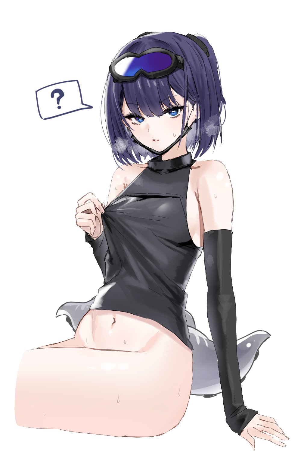 1girl, ?, andreana_(arknights), andreana_(elite_ii)_(arknights), arknights, bare_shoulders, black_mask, black_shirt, black_sleeves, blue_eyes, blue_hair, bottomless, commentary, commentary_request, detached_sleeves, double-parted_bangs, goggles, goggles_on_head, heavy_breathing, highres, horn/wood, invisible_chair, looking_at_viewer, mask, mask_lift, mouth_mask, navel, parted_lips, shirt, shirt_hold, short_hair, simple_background, sitting, solo, spoken_question_mark, squid_girl, turtleneck, turtleneck_shirt, twintails, white_background
