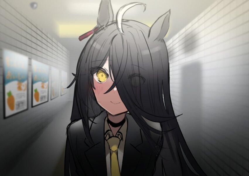 1girl, ahoge, animal_ears, black_eyeliner, black_hair, black_skirt, blush, ceiling, ceiling_light, ear_ornament, ear_tag, earrings, eyelashes, eyeliner, eyes_visible_through_hair, fluorescent_lamp, fujiyama_ichiha, grating, hair_between_eyes, hair_over_eyes, hair_over_one_eye, hallway, highres, horse_ears, horse_girl, indoors, jacket, jewelry, long_bangs, long_hair, long_sleeves, looking_at_viewer, makeup, manhattan_cafe_(umamusume), multicolored_hair, necktie, shirt, sign, single_earring, skirt, smile, solo, standing, subway_station, tactile_paving, the_exit_8, tile_ceiling, tile_floor, tile_wall, tiles, tunnel, umamusume, white_hair, yellow_eyes, yellow_necktie