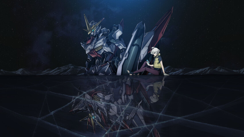 1boy, black_shirt, gloves, glowing, glowing_eyes, green_eyes, gundam, gundam_hajiroboshi