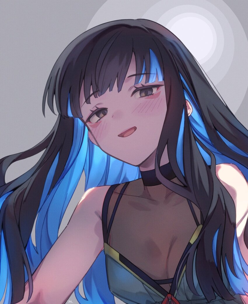 1girl, bare_shoulders, black_hair, blue_hair, breasts, cleavage, colored_inner_hair, dress
