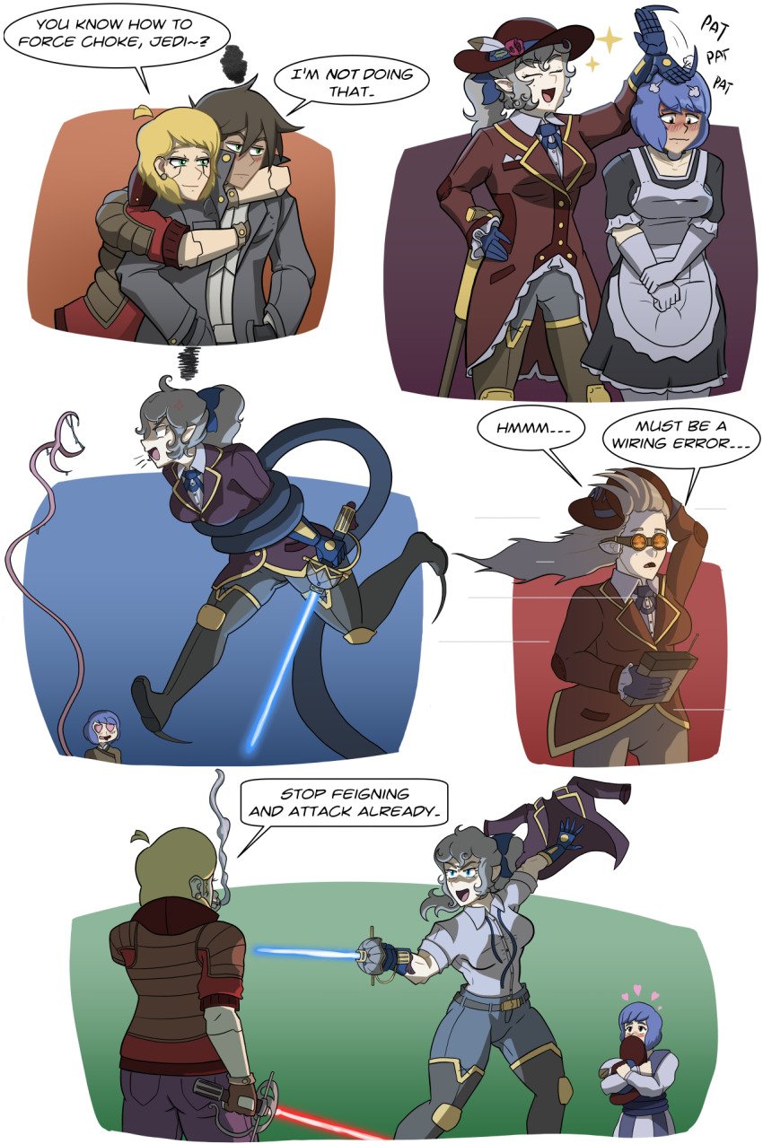 elf, energy_sword, english_text, fencer, highres, inventor, jas'un_xin, jedi, lady_sarrald, lightsaber, littlemisscalculated, maid, noblewoman, original, pointy_ears, ponytail, rapier, sari_sarrald, sith, star_wars, sword, tentacles, vayelyth, vayelyth_sunshard, weapon