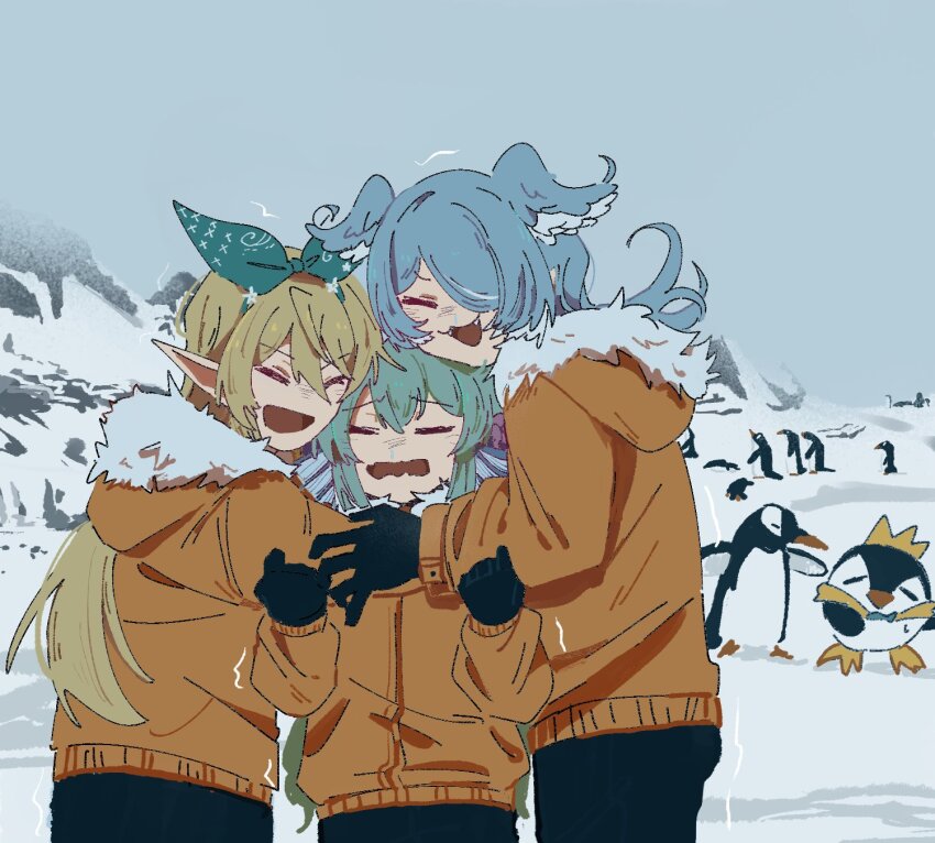 3girls, bird, black_gloves, black_pants, blonde_hair, blue_hair, closed_eyes, elira_pendora