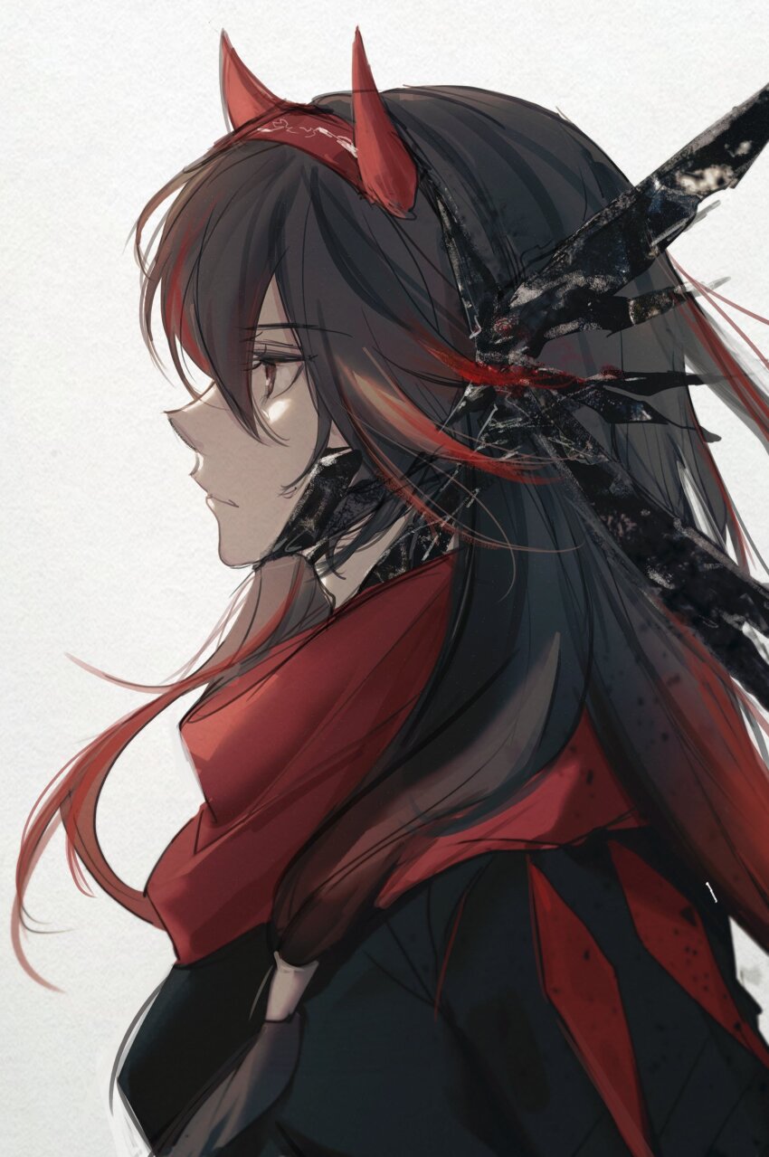 absurdres, black_hair, black_jacket, fake_horns, gradient_hair, grey_background, highres, horns, htt1821, jacket, long_hair, lucia:_lotus_(pgr), lucia_(pgr), multicolored_hair, oni_horns, punishing:_gray_raven, red_eyes, red_hair, red_horns, red_scarf, scarf, streaked_hair, tagme