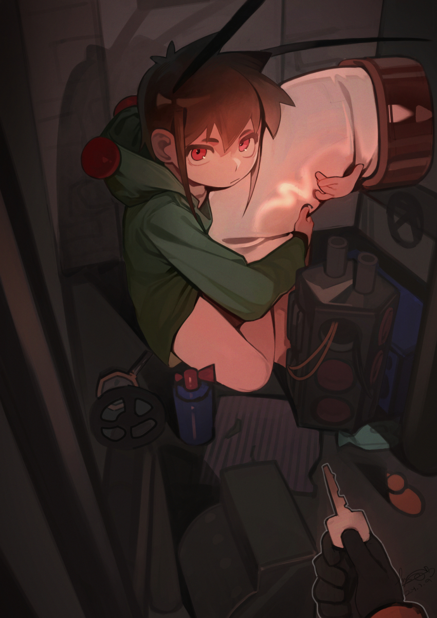 airhorn, black_gloves, brown_hair, cash_register, crank, gloves, green_hoodie, highres