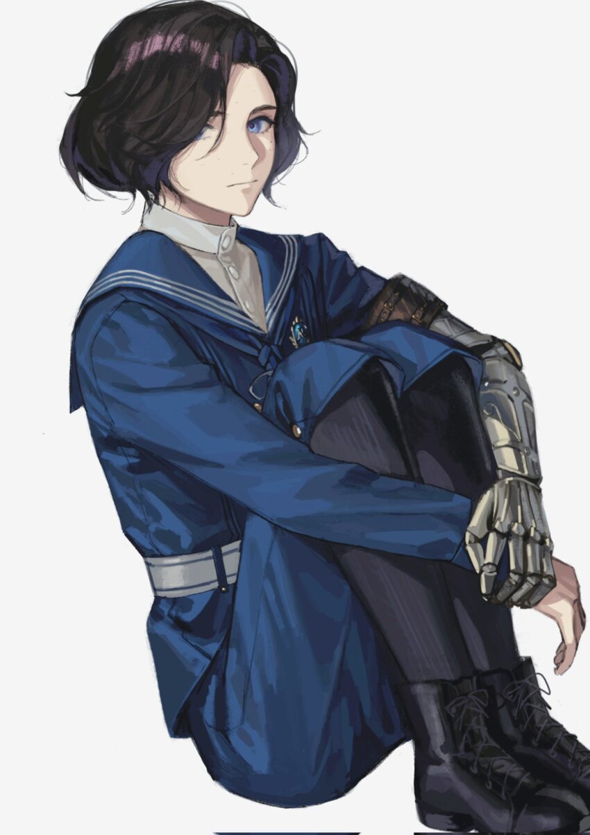 1boy, bishounen, black_hair, blue_eyes, boots, commentary, full_body, hair_over_one_eye