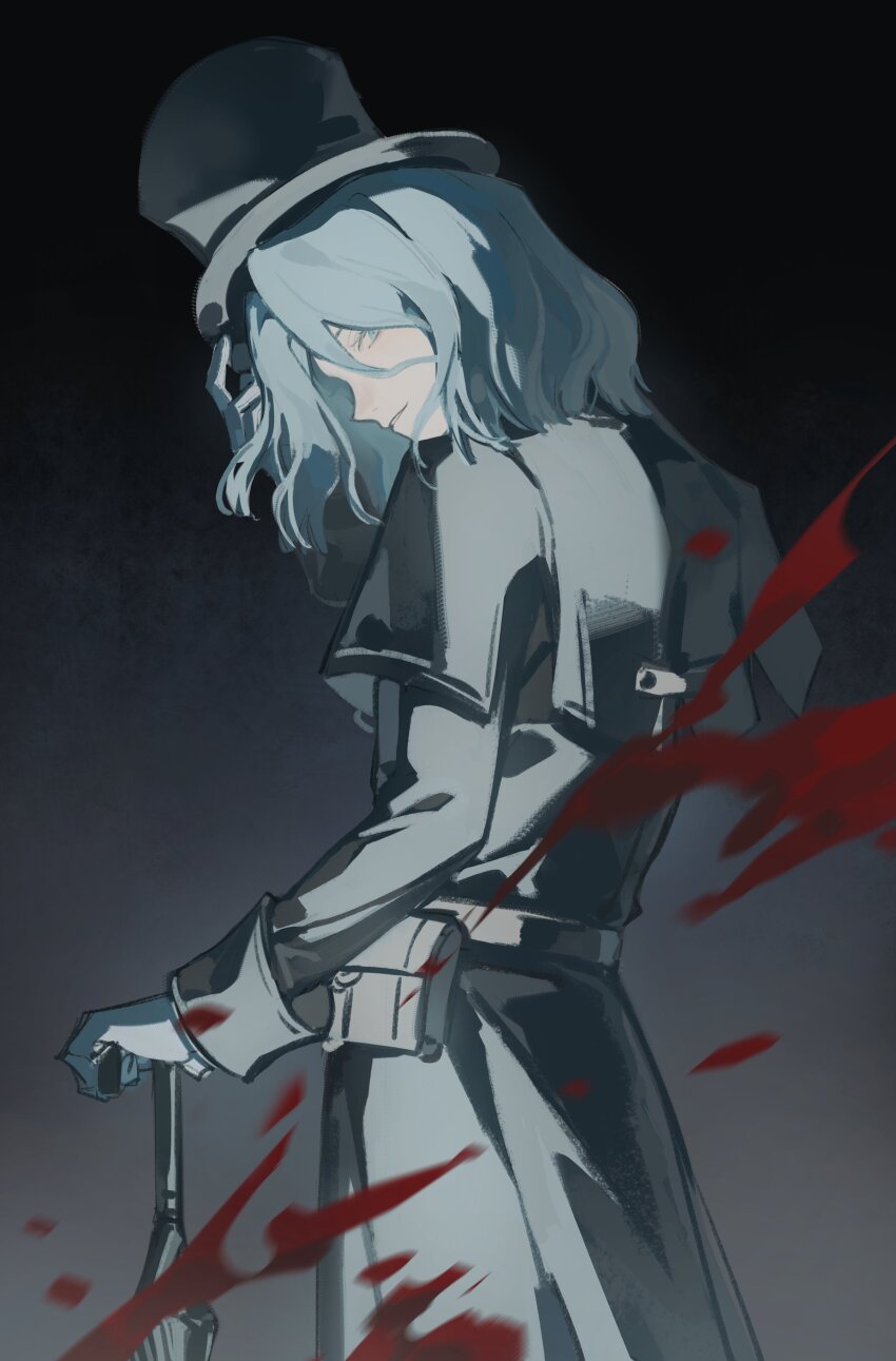 1boy, absurdres, bishounen, blood, blood_splatter, blue_hair, cane, character_request