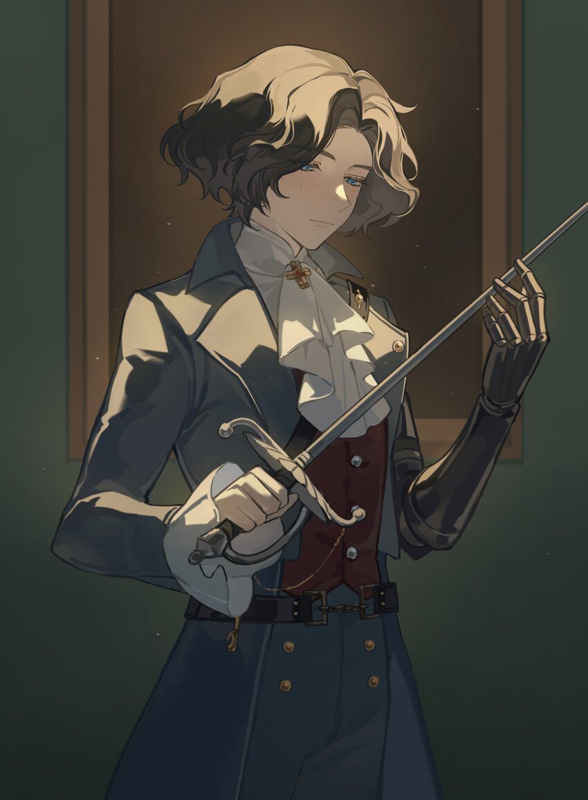 1boy, absurdres, bishounen, blue_eyes, brown_hair, coat, cowboy_shot, highres, lies_of_p, male_focus, mechanical_arms, neckerchief, pinocchio_(lies_of_p), rapier, short_hair, single_mechanical_arm, solo, sword, weapon, yingu494