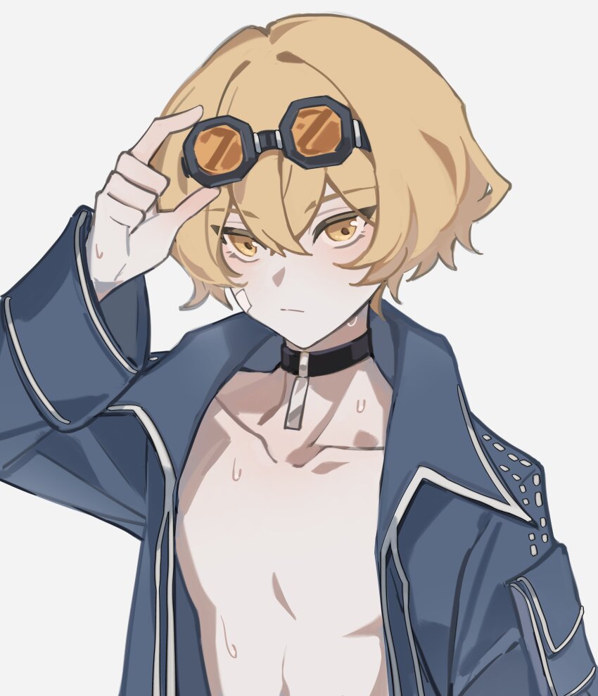1boy, absurdres, bishounen, blonde_hair, choker, goggles, highres, jacket