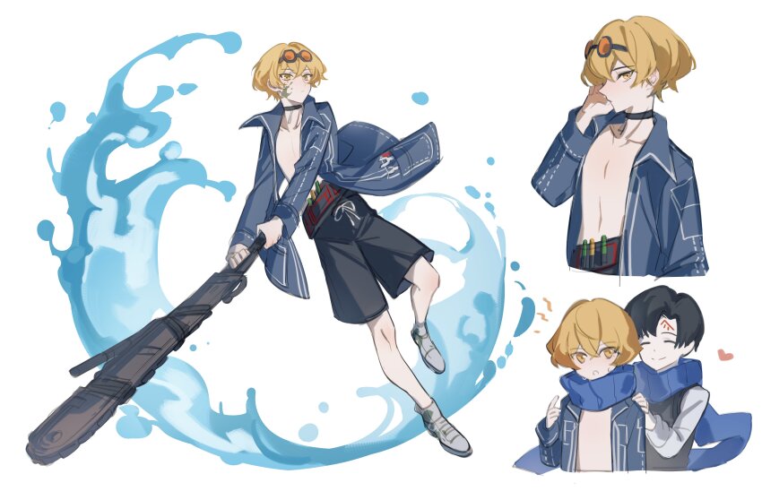 2boys, absurdres, bishounen, black_hair, blonde_hair, club_(weapon), demian_(project_moon), full_body