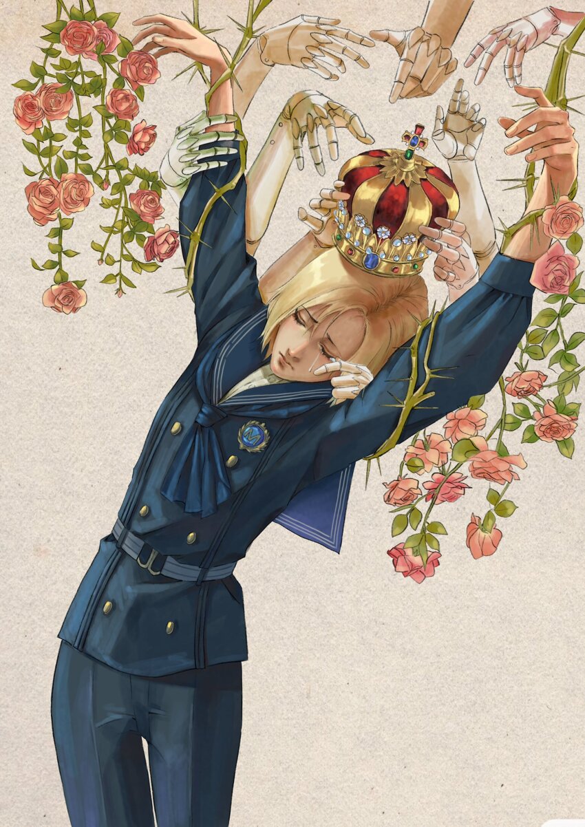 1boy, bishounen, blonde_hair, bound, bound_arms, character_request, closed_eyes, cowboy_shot, crown, flower, highres, lies_of_p, male_focus, mechanical_arms, moonlitmelody, plant, rose, sailor_collar, sailor_shirt, shirt, short_hair, simple_background, solo, vines, white_background