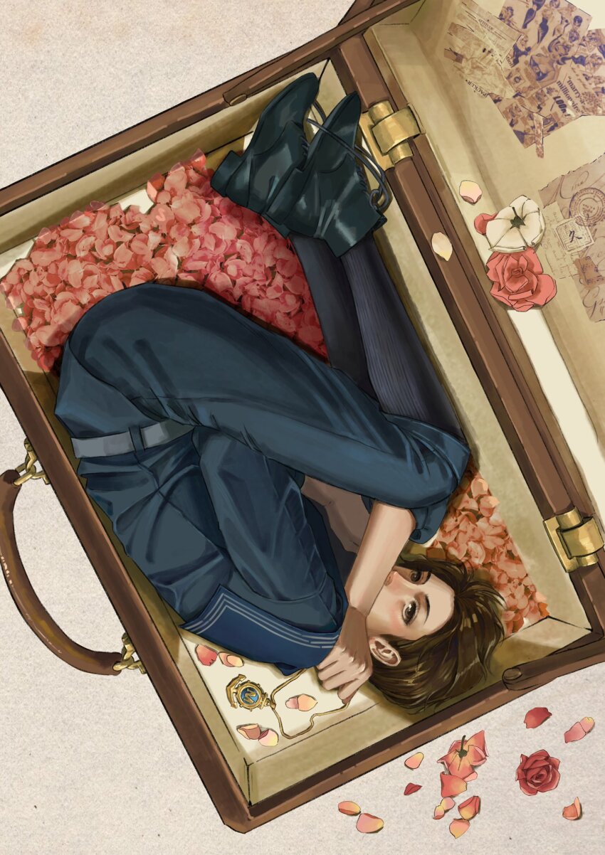 1boy, bishounen, brown_hair, flower, from_above, green_eyes, highres, lies_of_p, lying, male_focus, moonlitmelody, petals, pinocchio_(lies_of_p), red_flower, red_rose, rose, rose_petals, sailor_collar, sailor_shirt, shirt, short_hair, solo, suitcase