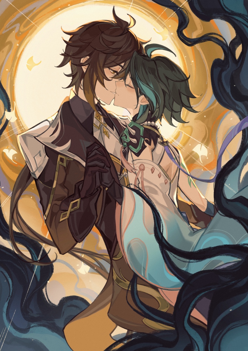 2boys, absurdres, ahoge, bishounen, black_gloves, brown_hair, chinese_clothes, cowboy_shot