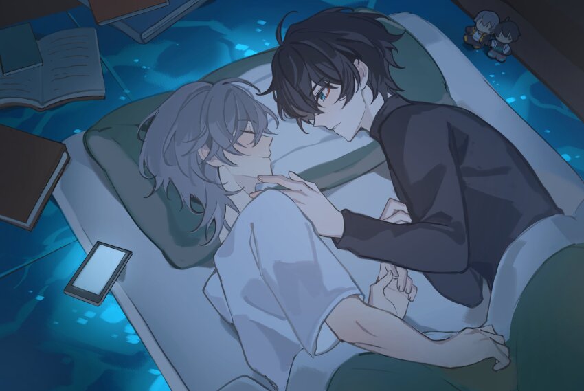 2boys, absurdres, bishounen, black_hair, black_shirt, caelus_(honkai:_star_rail), character_doll, closed_eyes, dan_heng_(honkai:_star_rail), doll, futon, grey_hair, highres, honkai:_star_rail, honkai_(series), lying, male_focus, multiple_boys, shirt, short_hair, sleeping, trailblazer_(honkai:_star_rail), white_shirt, yingu494