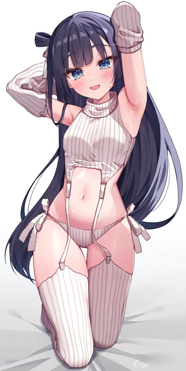 1girl, armpits, arms_behind_head, arms_up, bare_shoulders, black_hair, blue_eyes, breasts, crop_top, cropped_sweater, detached_sleeves, garter_straps, hair_ribbon, hair_rings, highres, itoi_toi, kneeling, long_hair, long_sleeves, looking_at_viewer, navel, no_pants, no_shoes, one_side_up, open_mouth, original, panties, revealing_clothes, ribbed_panties, ribbed_sleeves, ribbed_sweater, ribbed_thighhighs, ribbon, side-tie_panties, simple_background, sleeveless, sleeveless_sweater, sleeveless_turtleneck, small_breasts, smile, solo, stomach, string_panties, sweatdrop, sweater, thigh_gap, thighhighs, thighs, turtleneck, underwear, very_long_hair, virgin_destroyer_sweater, white_background, white_panties, white_sweater, white_thighhighs