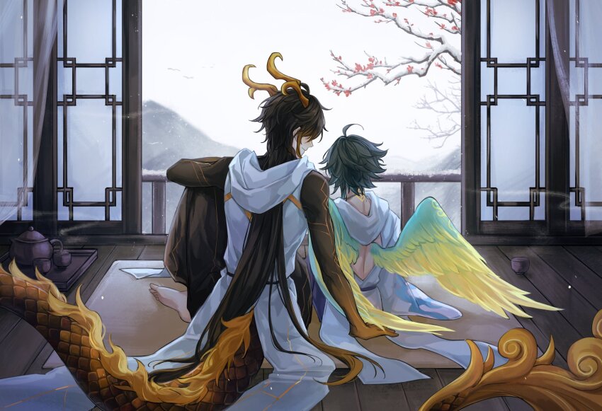 2boys, ahoge, angel_wings, architecture, bishounen, chinese_clothes, dragon_boy, dragon_horns
