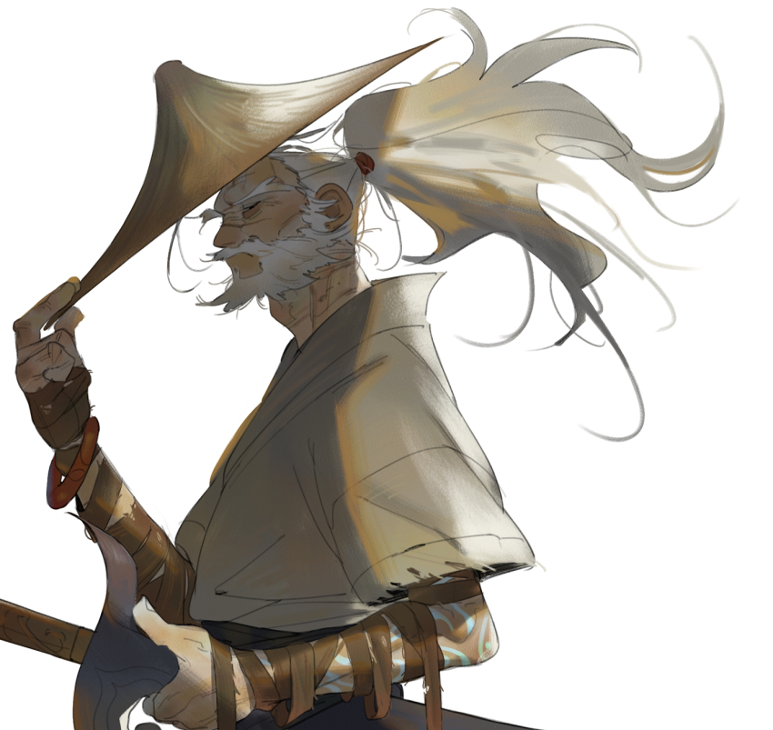 1boy, beard, closed_eyes, facial_hair, foreseen_yasuo, from_side, hand_up, hat