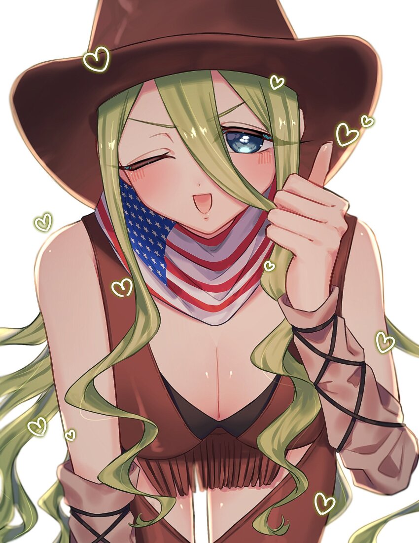 1girl, american_flag, arm_up, black_bra, blonde_hair, blush, bra, breasts