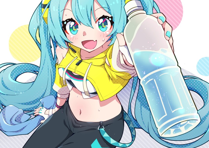 1girl, aqua_eyes, aqua_hair, arm_up, blush, bottle, bra, commentary