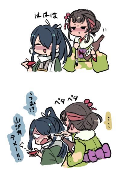 ..., 2girls, black_hair, body_markings, bottle, brown_hair, calligraphy_brush, coat