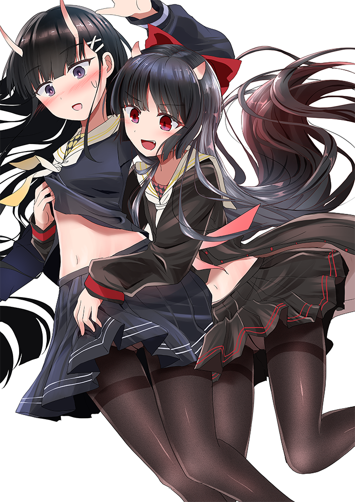 2girls, azur_lane, black_cardigan, black_hair, black_serafuku, black_skirt, blush, bow