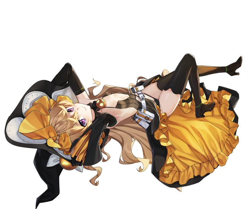 1girl, black_boots, black_gloves, black_pantyhose, blonde_hair, boots, breasts, cleavage, cleavage_cutout, clothing_cutout, counter:side, felicette_(counter:side), full_body, gloves, hat, high_heel_boots, high_heels, highres, long_hair, official_art, pantyhose, purple_eyes, simple_background, small_breasts, solo, tachi-e, thighhighs, transparent_background, underwear