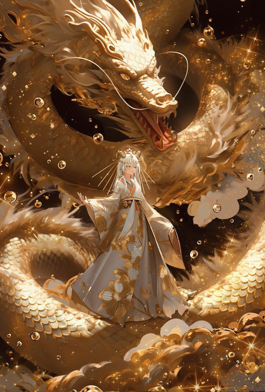 1girl, 2024, absurdres, chinese_zodiac, dragon, eastern_dragon, fantasy, gold_skin